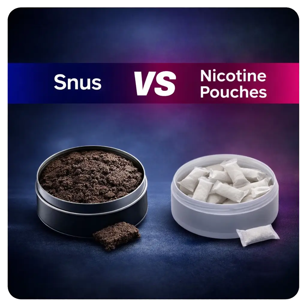 Snus vs nicotine pouches comparison showing traditional snus tobacco and tobacco-free nicotine pouches